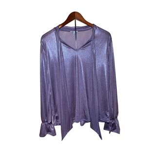 Cato Metallic Tie Neck Blouse Womens Size M Lavender Shimmer Ruffle Cuff Top